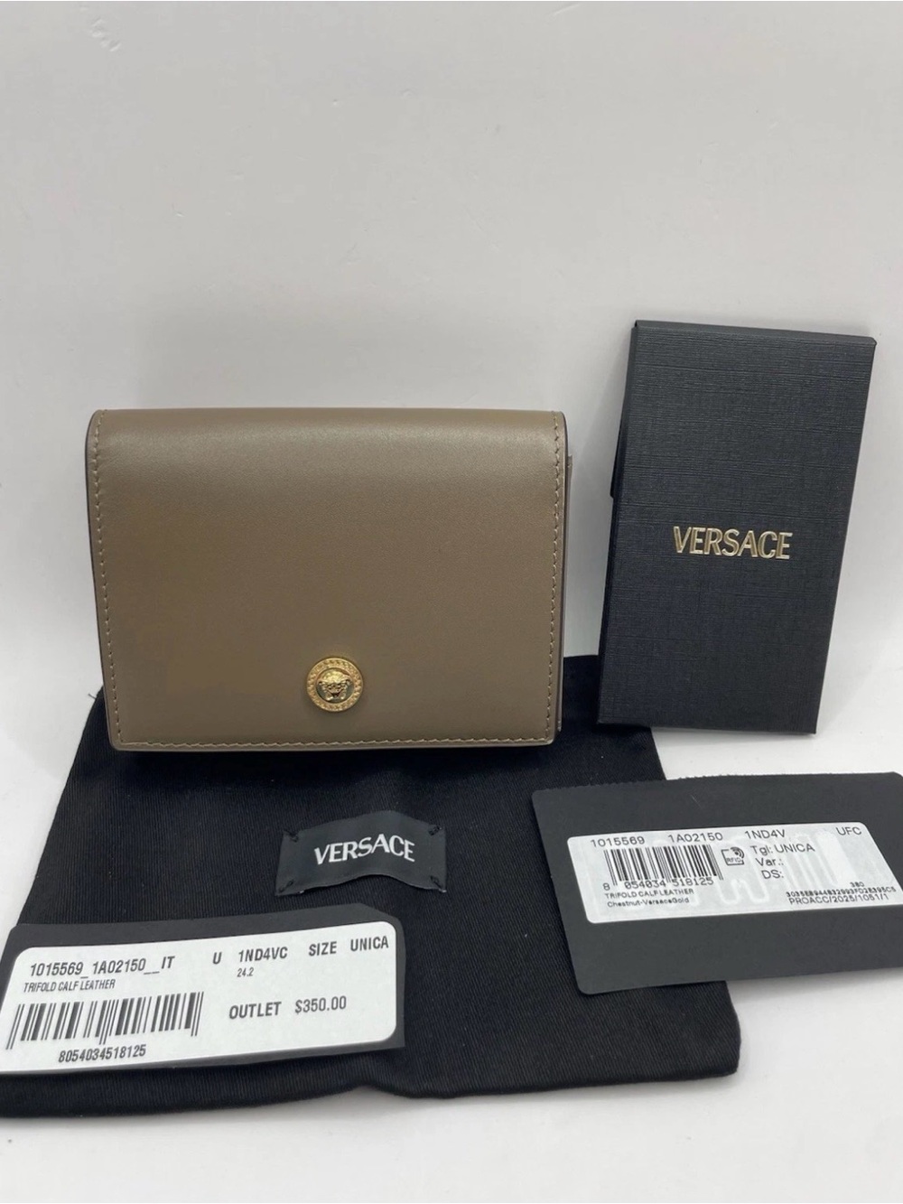 Versace wallet Medusa Trifold Taupe Leather Gold $650 Authentic